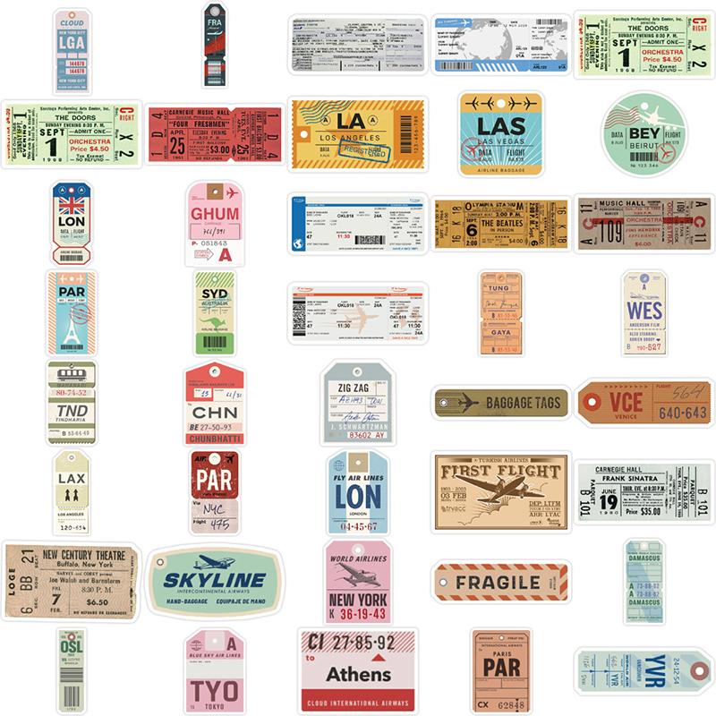 40Pcs Retro Traveling Boarding Check Graffiti Stickers Boarding Pass Sticker Luggage Suitcase Laptop Decals