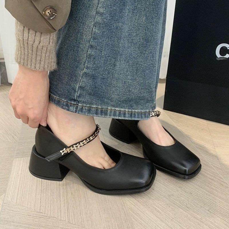 African Woman Shoe 2024 Shallow Mouth Summer High Heels Mary Jane Square Toe Chunky Sandals Sexy Pump Burgundy Leather Latest