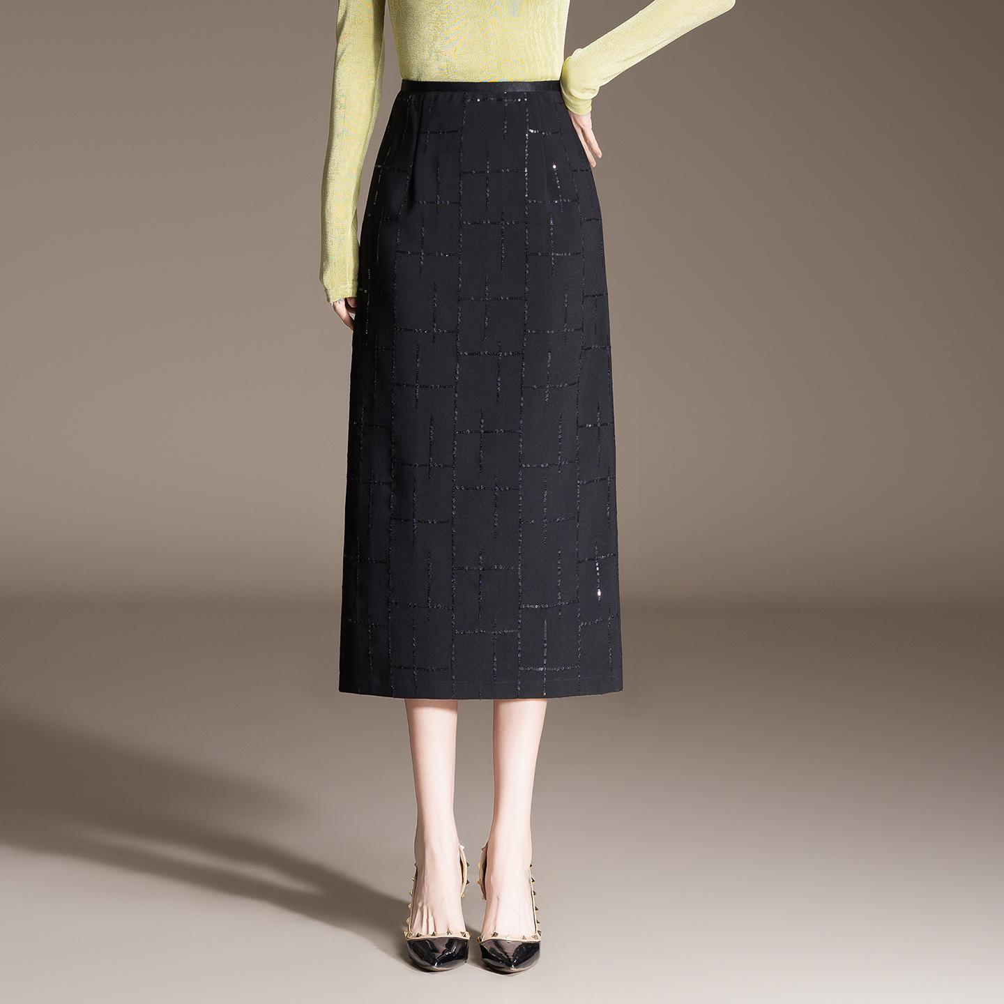 

Spring 2026 Black Sequin Slim Bodycon High Waist Midi Pencil Skirt M чорний