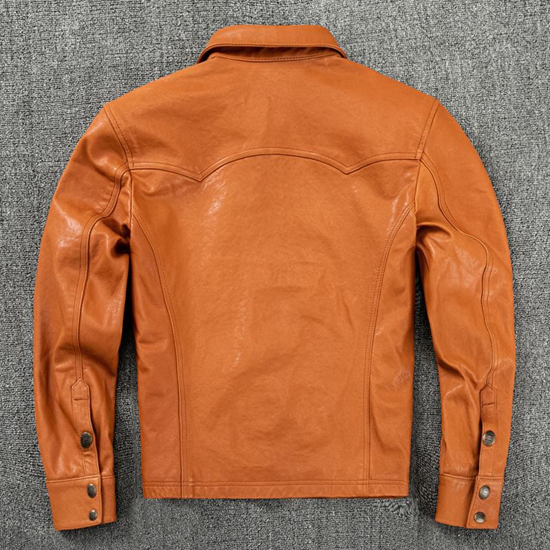 Pure Sheepskin Genuine Leather Jacket Men's Orange Woven Shirt Slim Short Shirt Leather Jacket