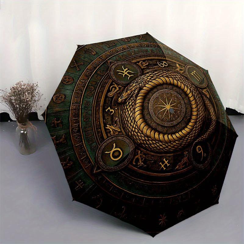 Golden Serpent Zodiac Wheel: Mystical Astrological Decor Umbrella, Portable 3-Fold Compact Umbrella for Men & Women R159