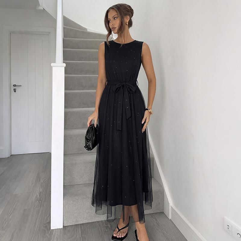 

Women s Fashion Summer Spring Solid Color Print Sleeveless O-Neck High Waist Casual Dresses XL чорний