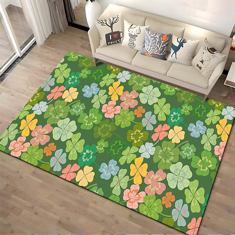 Colorful Clover Pattern Carpet, Green Background, Nature-Inspired Decor Suitable for use as an anti-slip for living room bedroom sofas