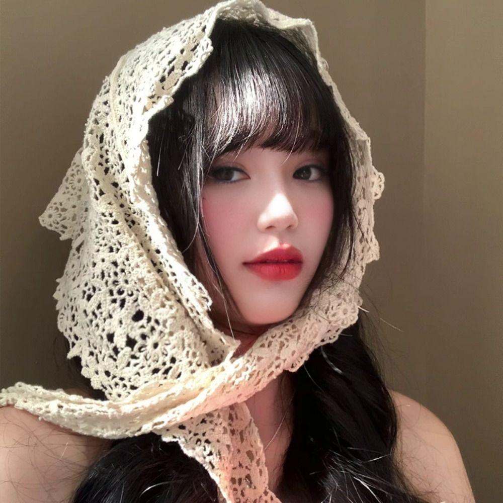 Hollow Design Floral Lace Scarf Solid Color Knitted Scarf Sweet Beach Hair Band Beach Outfits