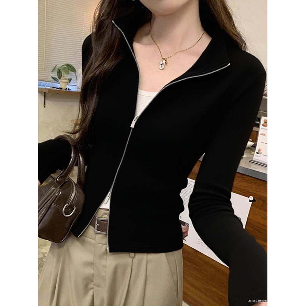 Women's Retro American-Style Knit Cardigan with Stand Collar, Double Zipper, and Long Sleeves - Slim-Fit and Stylish for Spring.