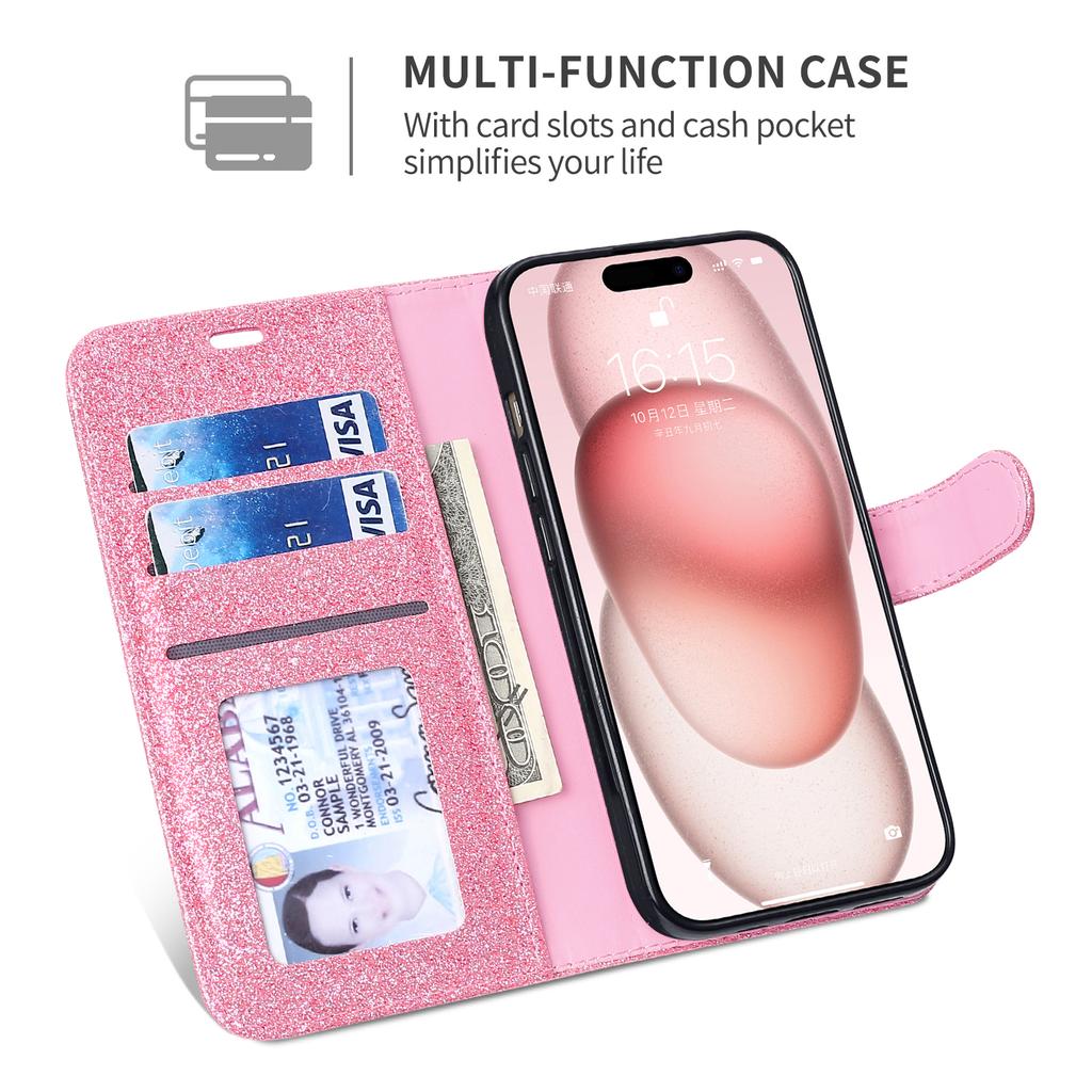 Luxury Flip Glitter Phone Case For iPhone 17 Pro Max 16 15 14 13 12 Mini 11 XR X XS Plus SE 2025 Bling Leather Book Wallet Cover