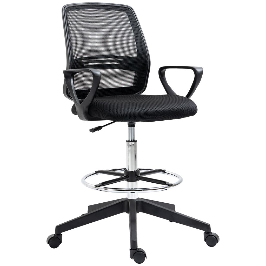 Drafting Chair, Ergonomic Tall Office Chair with Mesh Back, Lumbar Support, Adjustable Height and Foot Ring, Swivel Wheels, for Standing Desk, Black