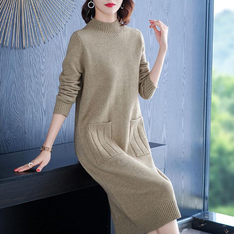 

Осень и зима средней длины большого размера с утолщенным низом вязаное платье с полувысоким воротником длиной до колена универсальная юбка-свитер average size