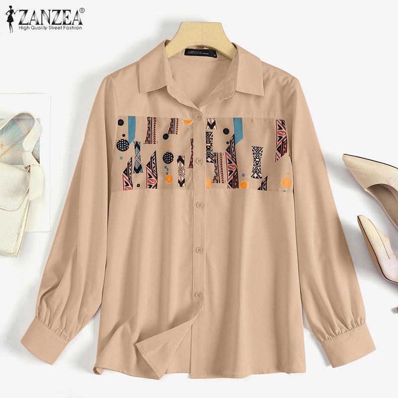 

ZANZEA Принт Повседневный откидной воротник с длинным рукавом Блузка Рубашки