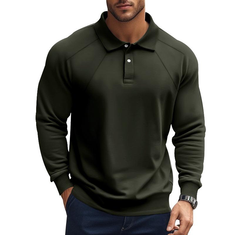 Men's Spring and Autumn Lapel Solid Color Casual Base American Retro Heavy Shoulder Long Sleeve Polo POLO Shirt Men's