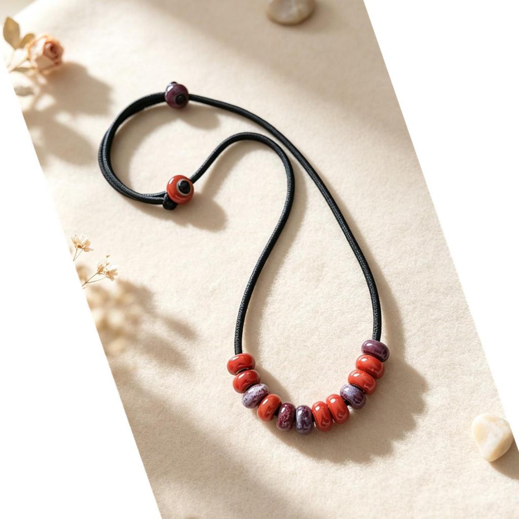 Adjustable Ceramic Color Block Bead Necklace - Ethnic Style, Fade-Resistant, Versatile Fashion Chain