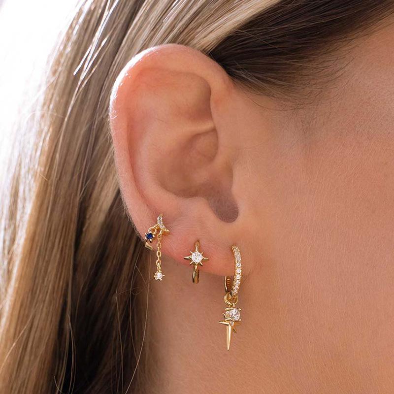 New Design Gold Color Moon Star Minimal Drop Earrings For Women Small Crystal Chain Butterfly Piercing Earring Korean Jewelry