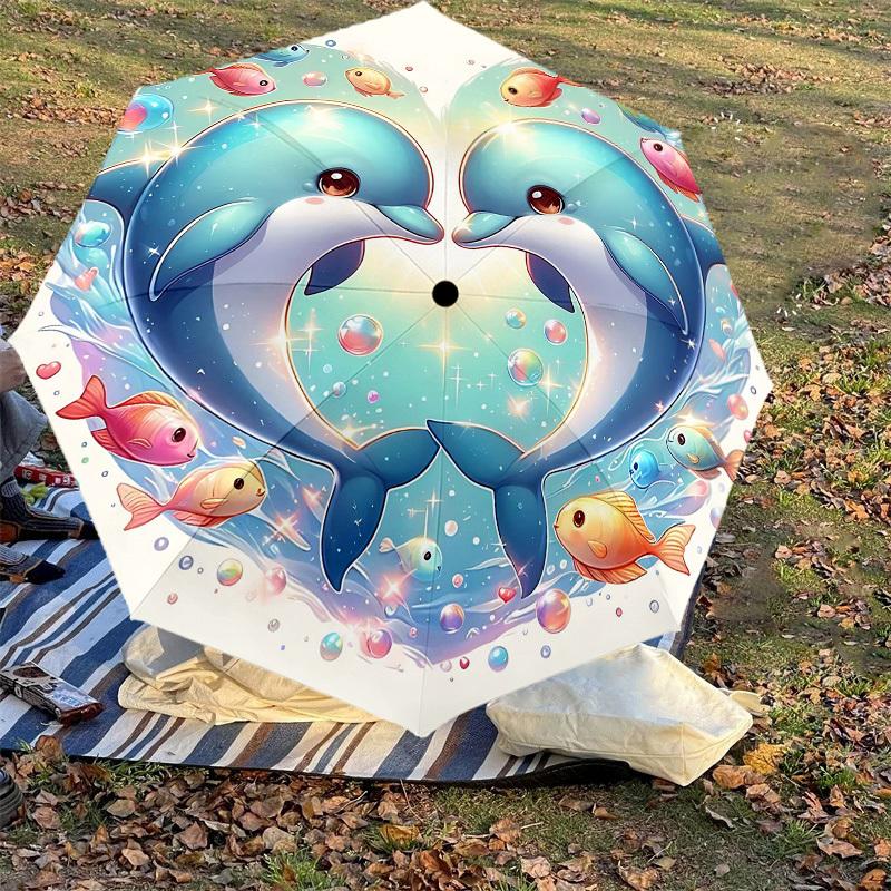 1pc Dolphins Heart Automatic Open/Close Umbrella Compact Folding Umbrella with 8-Rib Shaft for Women/Men, Elegant Birthday1269S