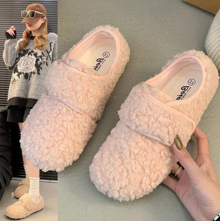 Fashion Luxury Sheep Fur Lined Loafers Women Lambswool Shoes Ladies Winter Slip On Furry Flats Cotton Wool Mocasine Femme Barefoot Boots