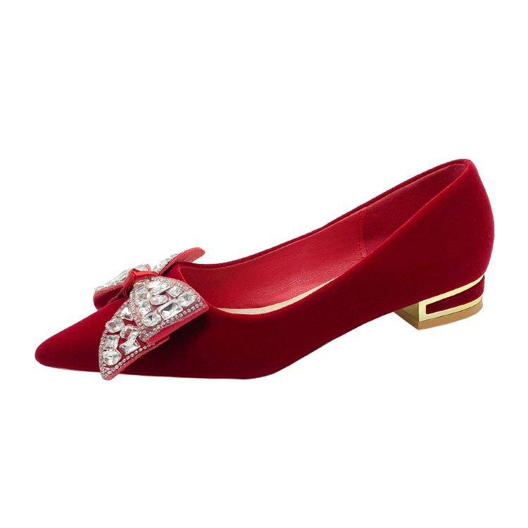 Wedding Shoes Women's Pointed Wedding Bride Shoes 2024 New Chinese Thick Heel Single Shoes Xiuhe Rhinestone Red High Heels
