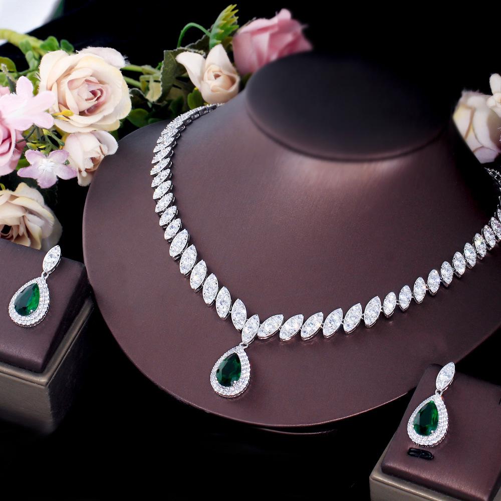 Korean Bridal Set: Eco-friendly Copper Necklace & Zircon Earrings for Weddings