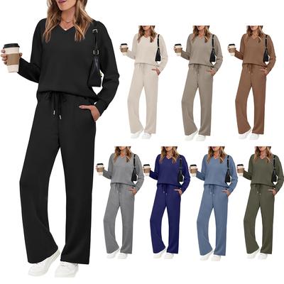 2026 Women's Spring/Autumn Long Sleeve Drawstring Suit - Casual Solid Color Pants Set