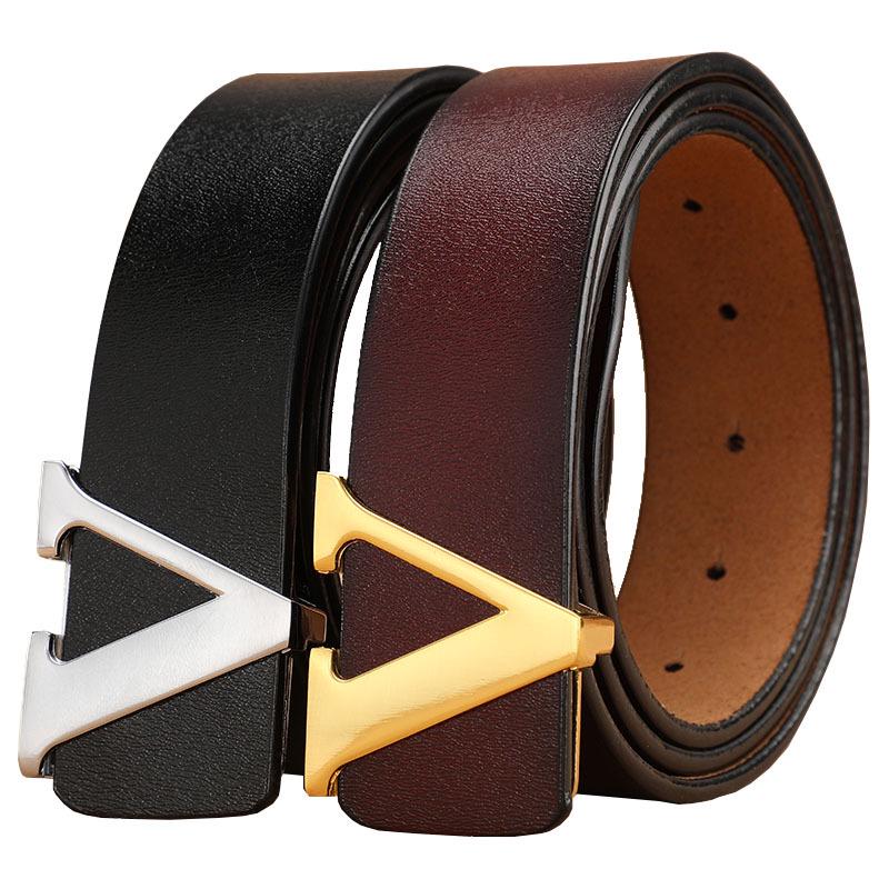 Men's Retro Smooth Buckle Belt - Large Size Genuine Leather Cowhide with Letter V Design