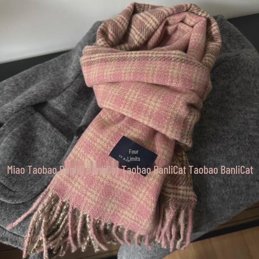 2024 Women's Korean-Style Blue & Brown Plaid Double-Sided Winter Scarf