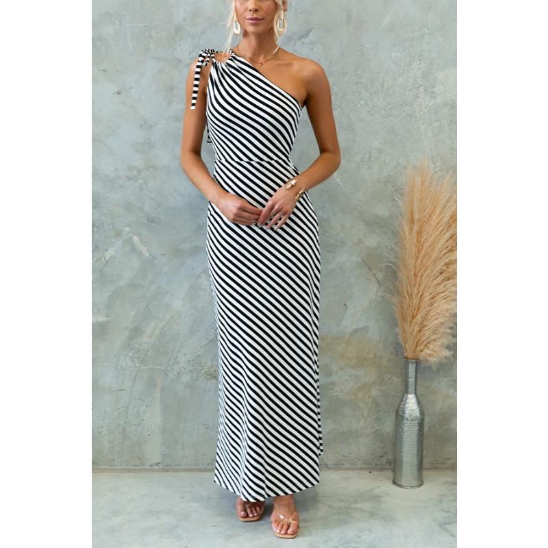 YYFS Women's Fashion Summer Spring Stripe Print Sleeveless Oblique Collar High Waist Casual Dresses