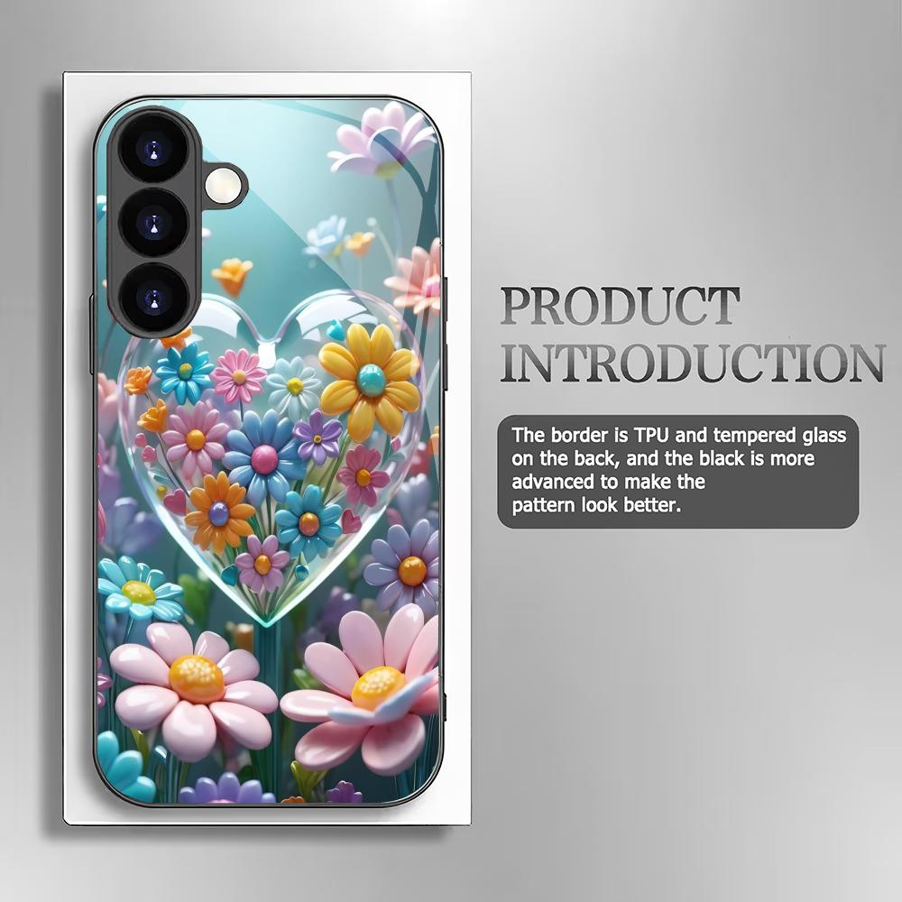 Bunte Blumen-Herzform-Hartglas-Handyhülle geeignet für Samsung GalaxyS26 S25 S24 S22 S21 S20FE/Ultra/Plus sturzsicher