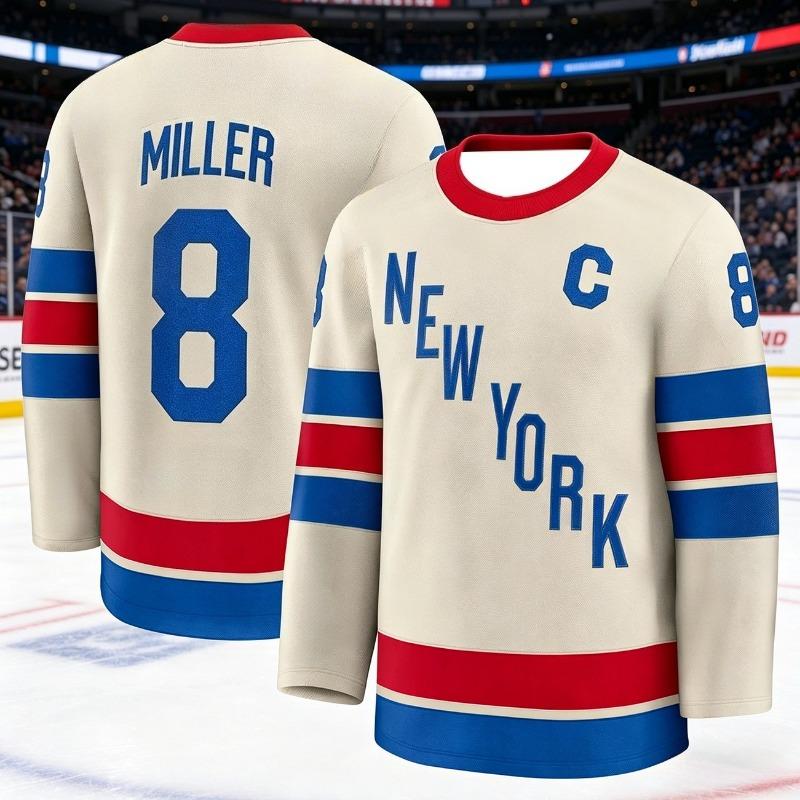 2026 Neuer Herren Eishockey Trainingsanzug - Rangers Team Serie 3D Stickerei Feuchtigkeitsableitend Weiß Langarm Oberteil Kinder