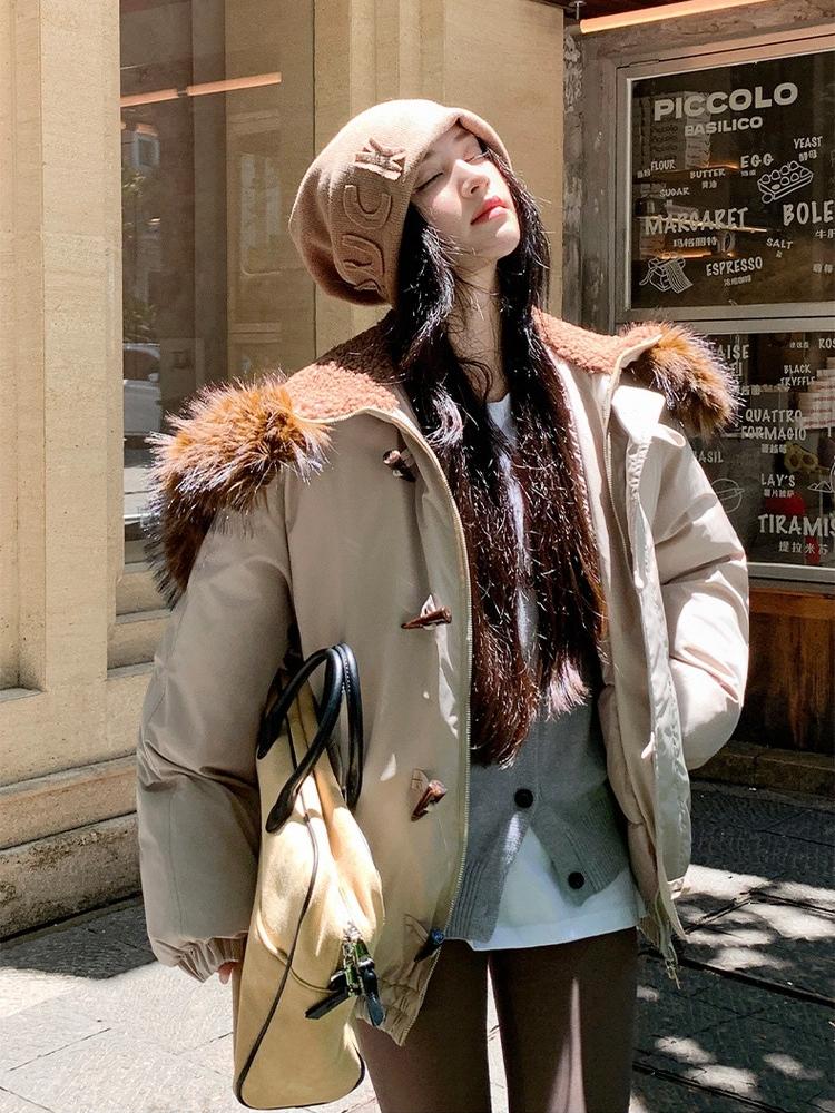 Horns Buckle Big Fur Collar Hooded Cotton-padded Jacket Women's Short Workwear Parkas