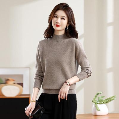 Women's Pure Wool Half-High Collar Sweater - Autumn/Winter Solid Color Loose Warm Pullover Base Layer