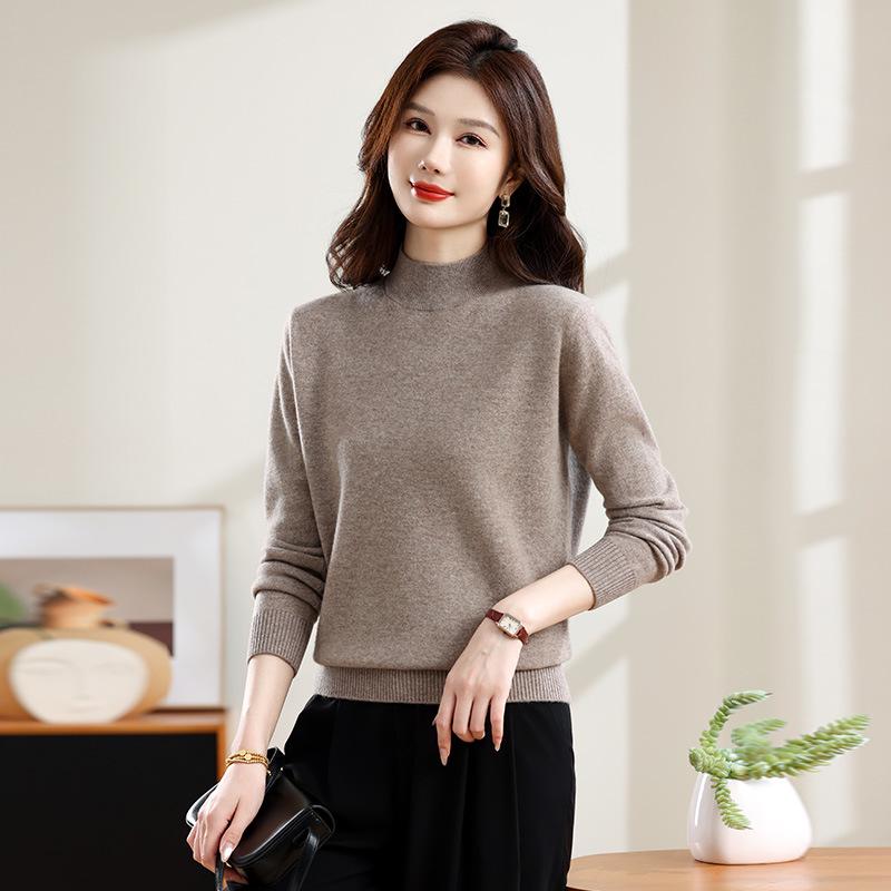 Women's Pure Wool Half-High Collar Sweater - Autumn/Winter Solid Color Loose Warm Pullover Base Layer