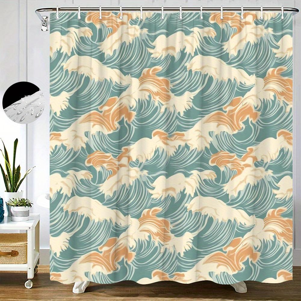 

Art Deco Wave Shower Curtain – Teal/Cream/Soft Orange, 2D Flat Print, Waterproof Polyester, 70×70 , 12 Hook W60H190(CM)-1 Pcs