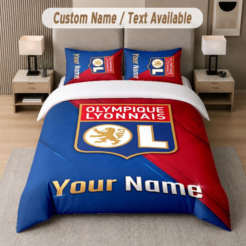 Custom Bedding Set Lyon FC Pattern, Print Name Text 1 Duvet Cover Plus 2 Pillowcases Home Textile