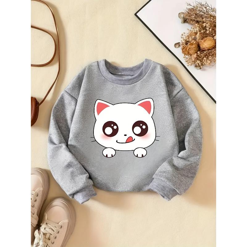 Girls' Fashion New Knit Sweatshirt with Cute Cat Print, Spring/Autumn Clothing
