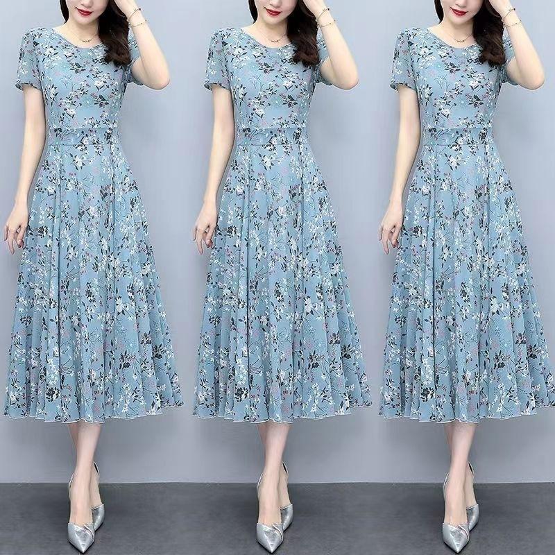 Trykt A-linjekjole V-hals Kortarmet Iskald Silke Kjole Dame Sommer Tynn Kjole Løs Casual