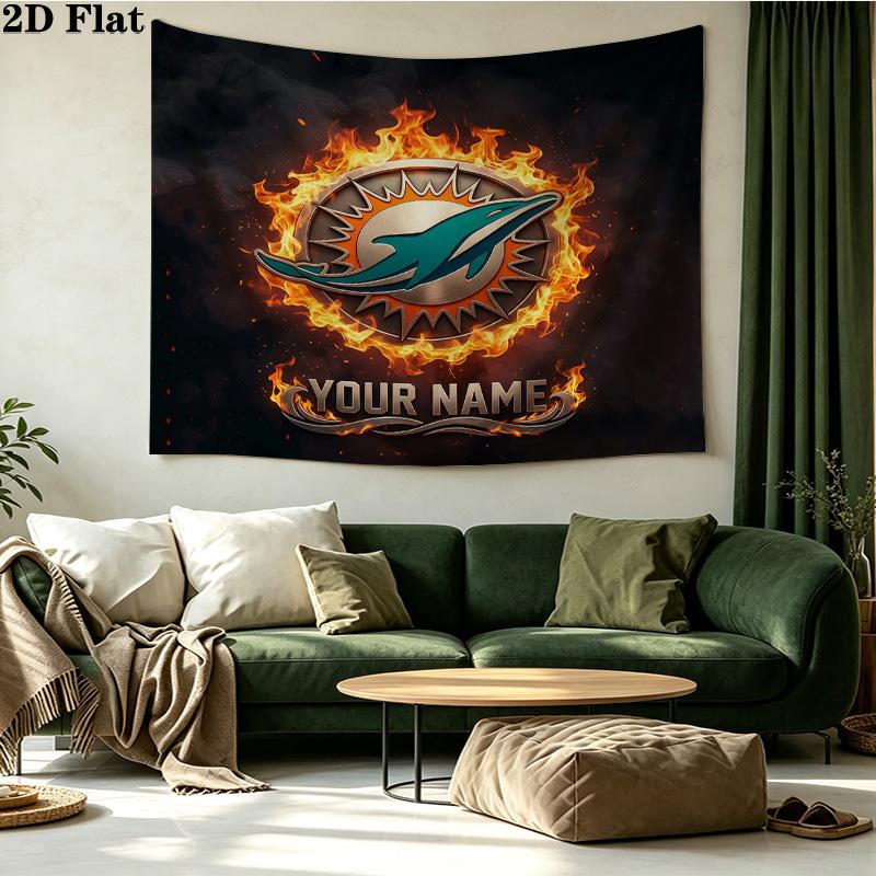 Benutzerdefiniertes Namensschild Miami Dolphins Bedruckter Wandteppich – Wandbehang für Schlafzimmer, Studentenwohnheime und Heimdekoration