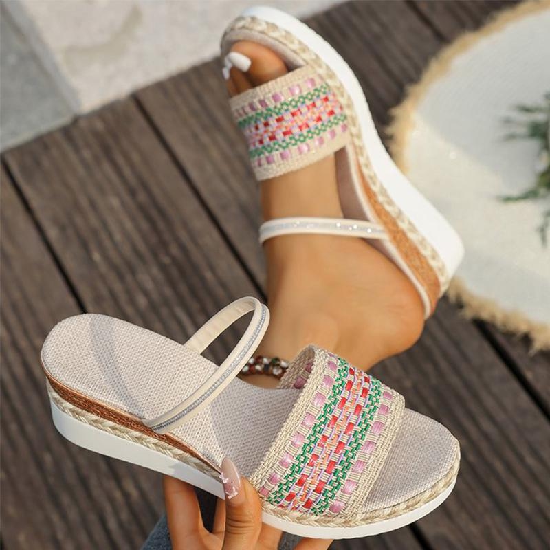 Fashion Summer Platform Plaid Wedge Slippers for Women Non-Slip Soft Sole Linen Woman Slides Plus Size Crystal Woman Slippers