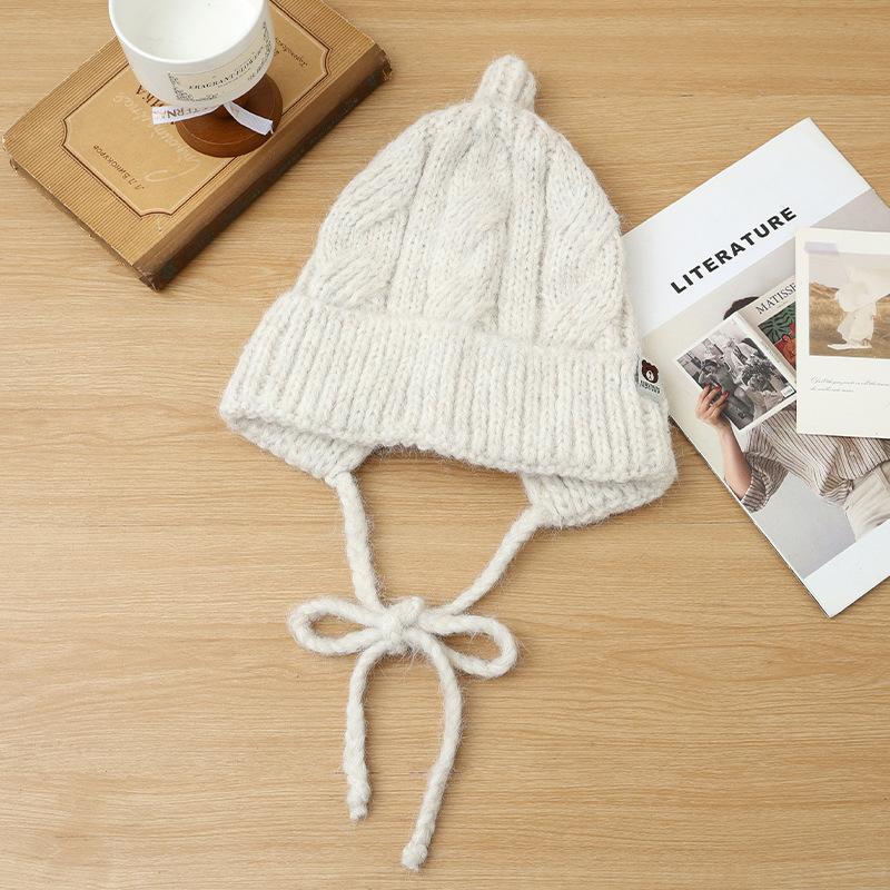 

Korean Version of Versatile Bear Patch Strap Wool Hat Autumn and Winter Fashion Retro Pullover Hat Outdoor Casual Warm Hat New One Size