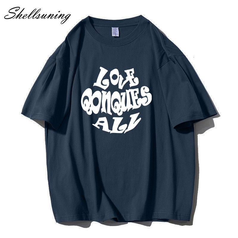 Shellsuning Oversized Letter Graphic T Shirts Men Summer Soft 100% Cotton Short Sleeve Tees Female Trendy Loose High Street Tops
