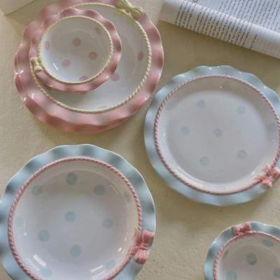 Korean Cute Bow Lace Ceramic Plate & Rice Bowl Set for Desserts and Cakes