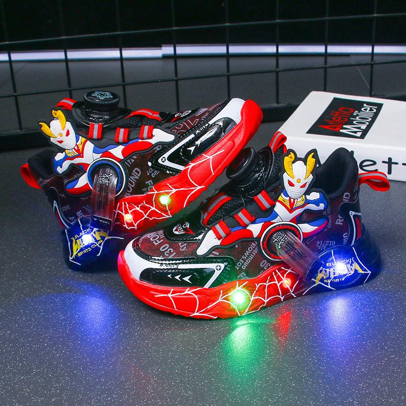 Boys Ultraman Sports Shoes Children's Light-Up Shoes Boys Running Shoes Rotating Button Soft Sole Shoes