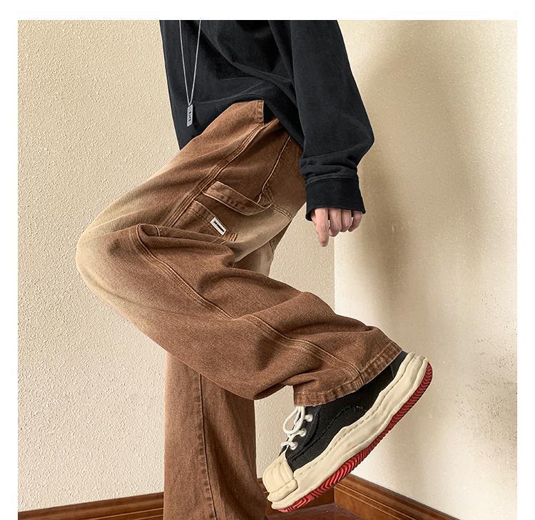 Calça jeans masculina estilo American Retro Brown Wide Leg: Macacões versáteis, folgados e de outono para as ruas da cidade