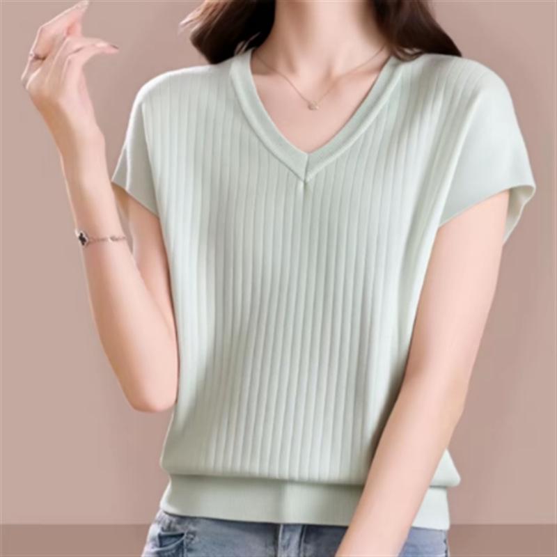Plus Size V-neck Striped Short Sleeve Knit Top - Versatile & Slimming Casual Wear One Size светло-зеленый
