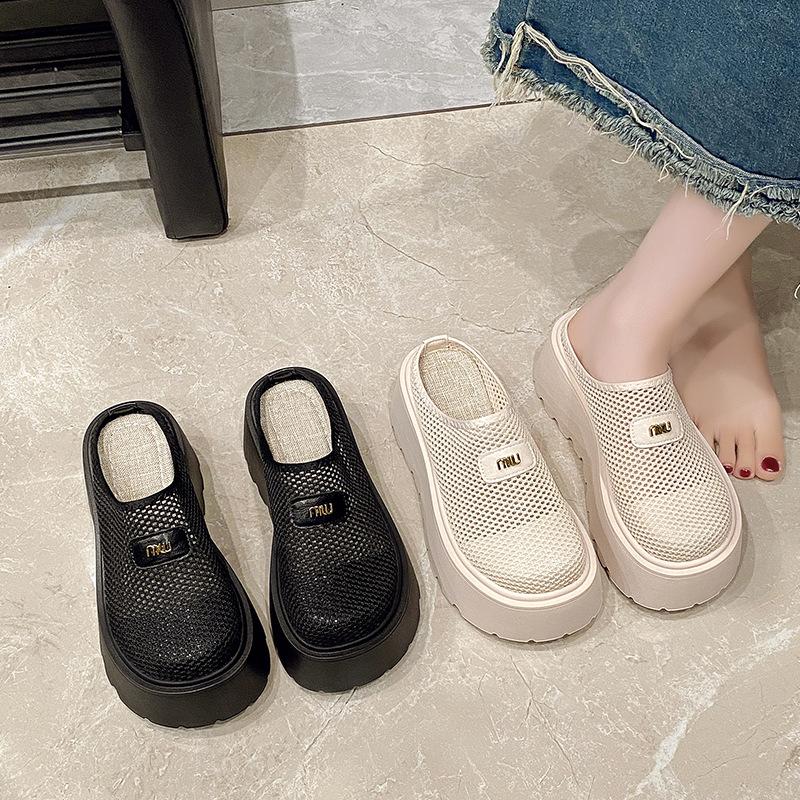 Single Shoes Women's 2025 New Summer Thick-soled Heightening Shoes Women's Small People Pedal Mesh Hollow Muffin Shoes