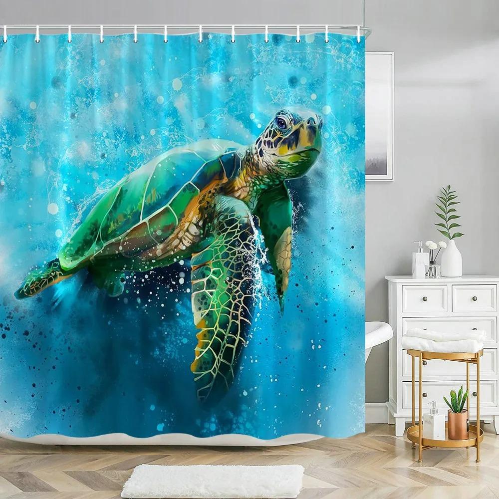 Blue Sea Turtle Shower Curtain Funny Ocean Animal Starfish Coral Tropical Fish Underwater Marine Life Curtains Bathroom Decor