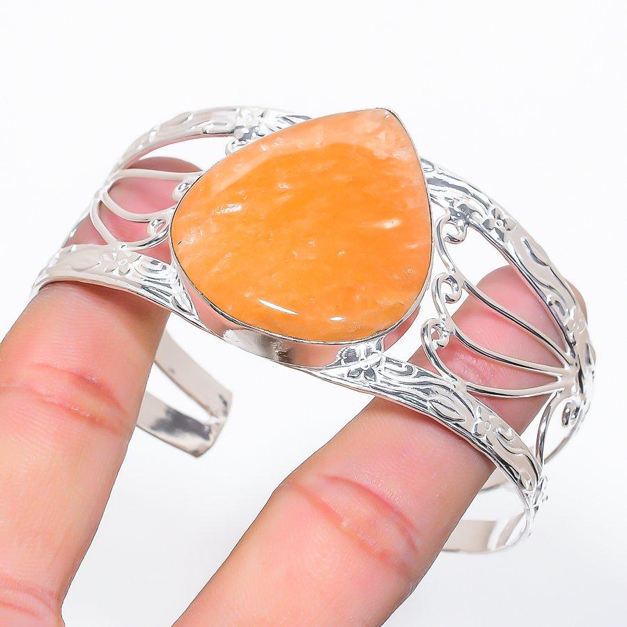

Orange Aventurine Gemstone 925 Sterling Silver Cuff Bangle Adjustable