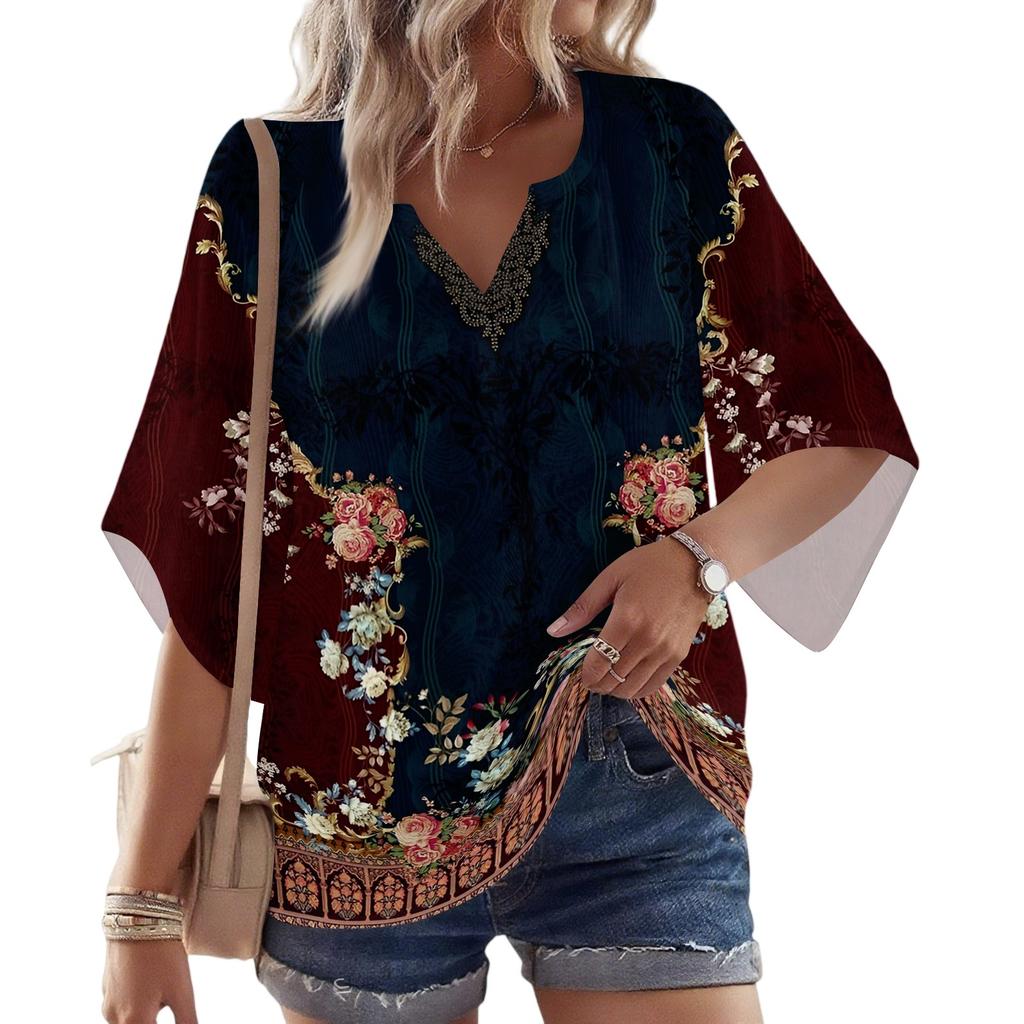Dámské 3/4 rukáv V květinové tričko Ležérní volný tunikový top