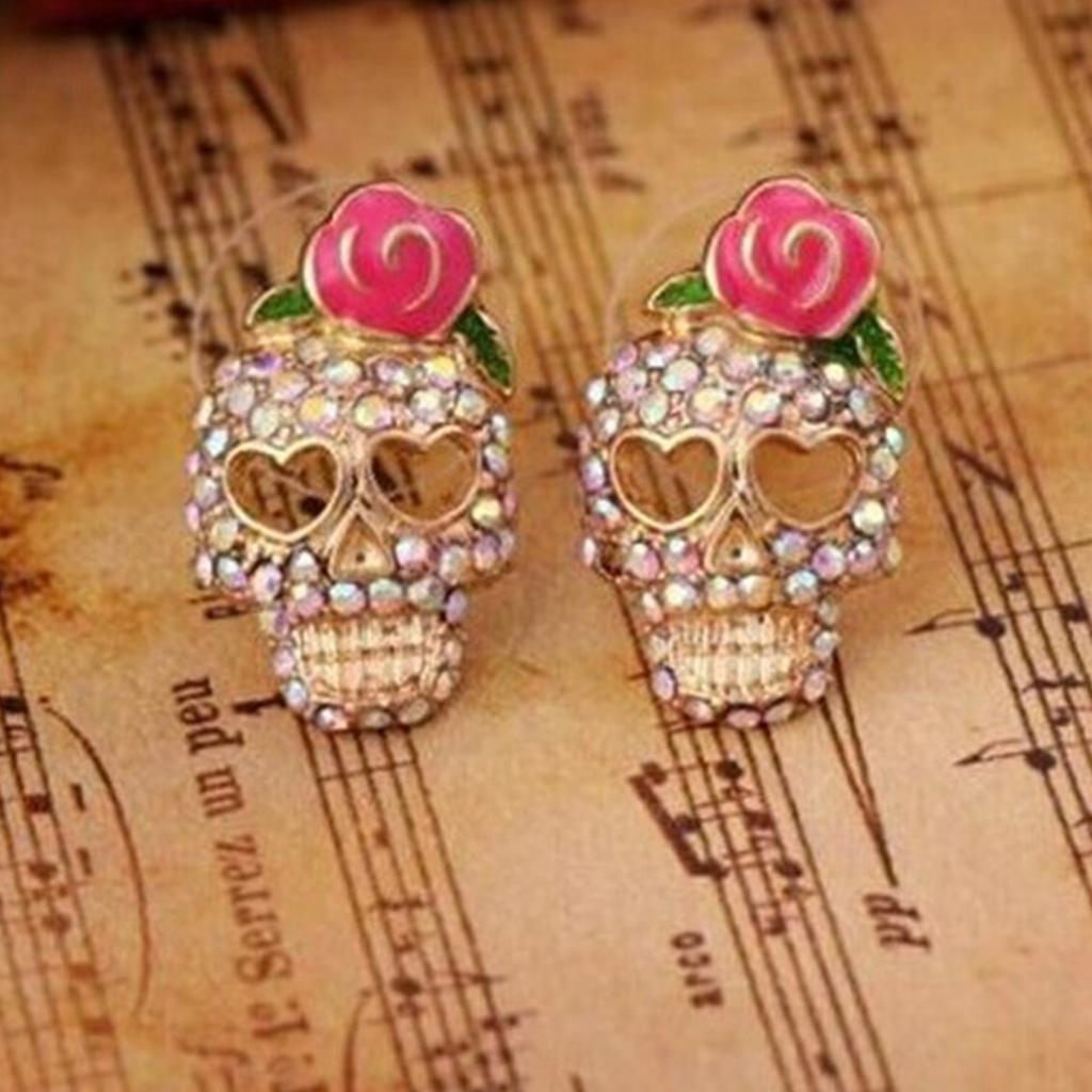 Retro Rhinestone Wearing Rose Flower Skull Head Stud Earrings For Women Men Halloween Hollow Heart Eye Skeleton Earrings Jewelry
