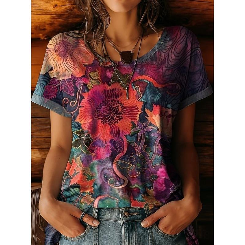 Women's T Shirt Print Floral Graphic Plants Vintage Stylish Classic Short Sleeve Crew Neck Round Neck Regular Tops Summer
