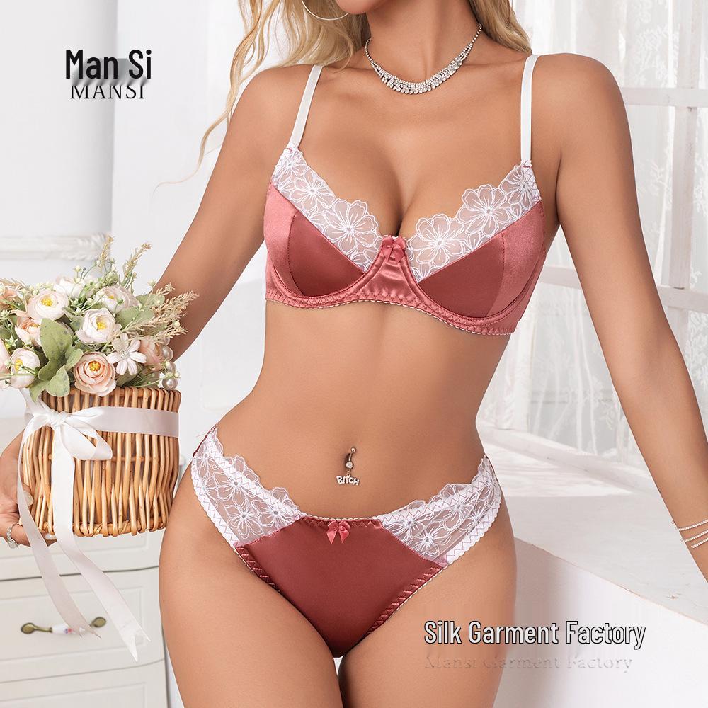 Women's Lace Floral Underwire Bra Set with Bow & Two Bottoms