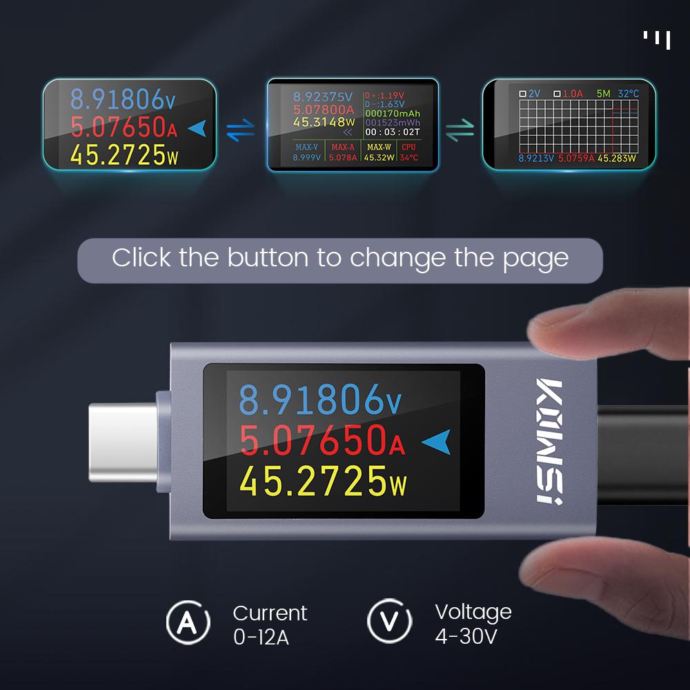 Type-C Current Voltage Capacity Phone USB Tester DC 4-30V 0-12A Power Meter Tester PD Mobile Power Detector Test 5
