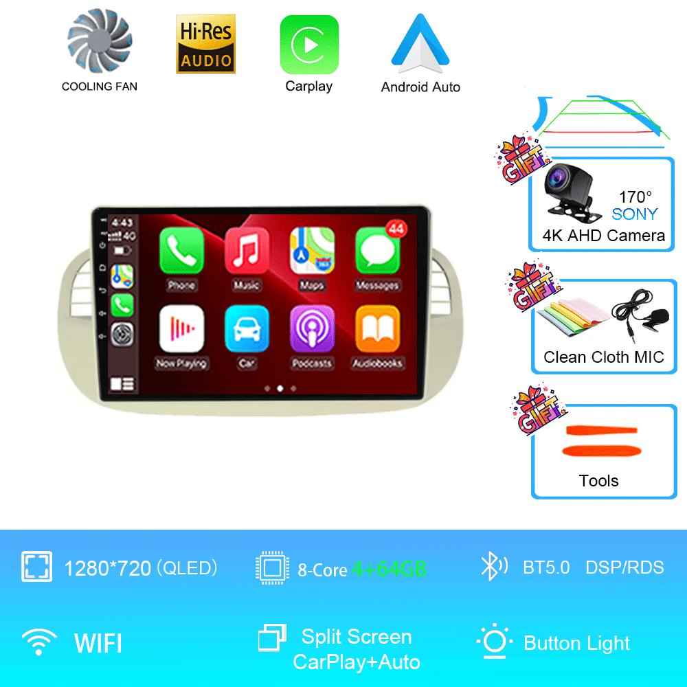 Android 14 Car Radio For Fiat 500 With GPS Navigation Steering Wheel Control Multimedia Carplay& Auto BT WIFI Stereo 360 Camera
